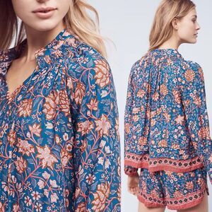 Nat by Natalie Martin Blue Floral Print Tassel Peasant Blouse Size Small